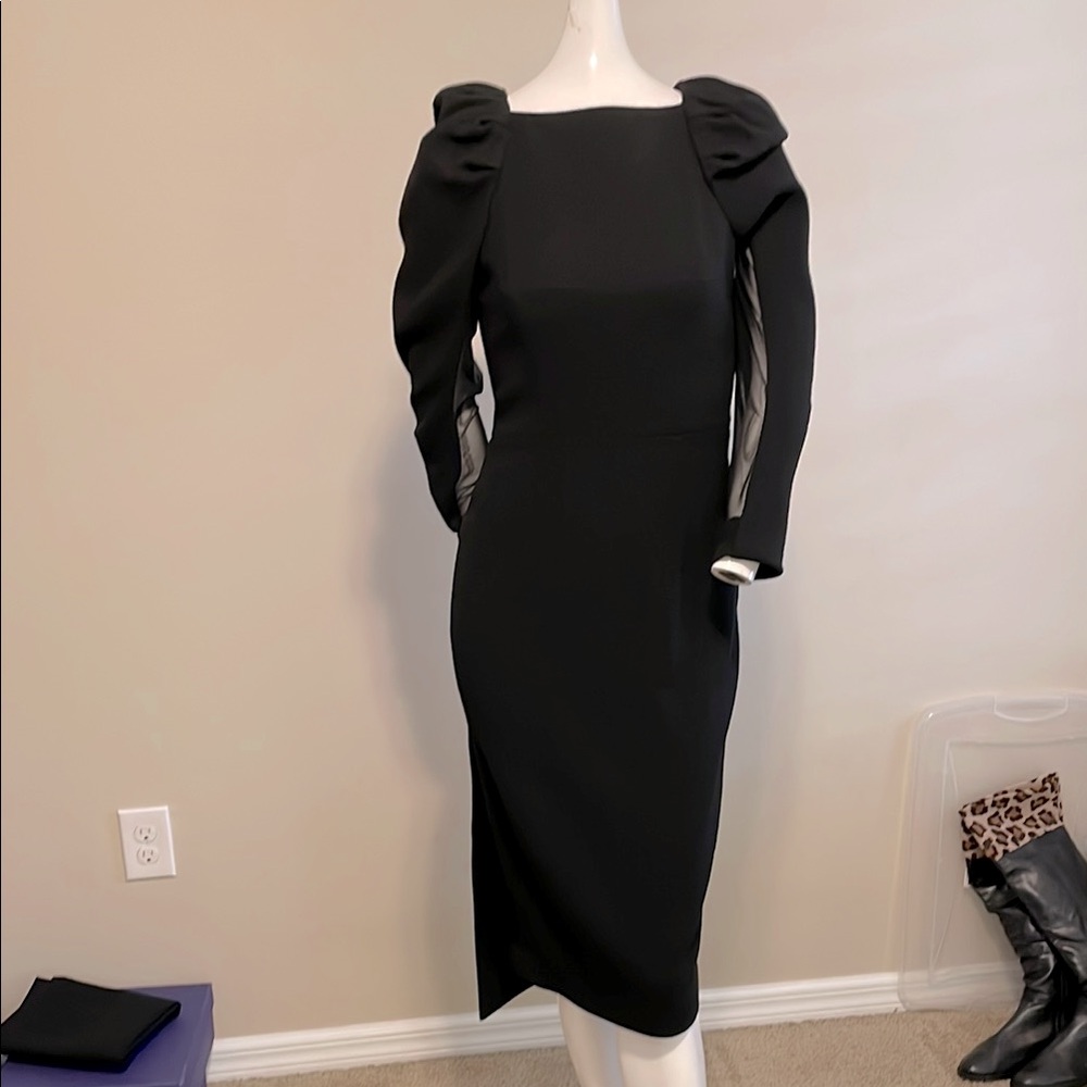 Rachel Roy Couture Black 100% Wool Puff Sleeve Sheath Midi Dress 4 NWOT Runway